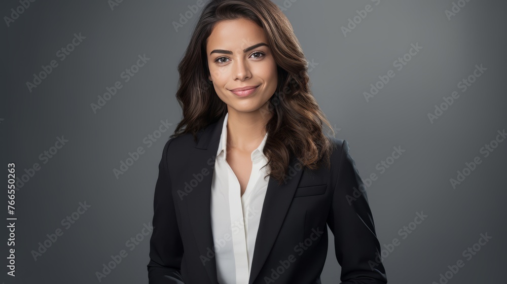 A woman in a white blazer and blue skirt is smiling for the camera A woman in a white blazer and blue skirt is smiling for the camera
