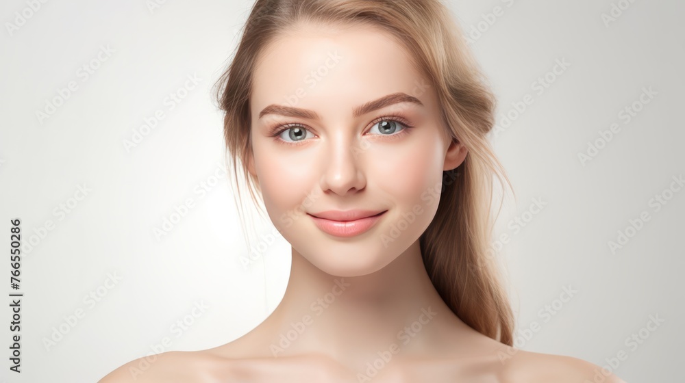 A woman with a blonde ponytail and blue eyes A woman with a blonde ponytail and blue eyes