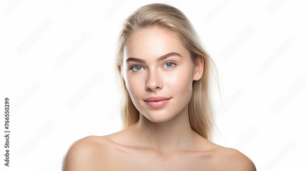 A woman with a blonde ponytail and blue eyes A woman with a blonde ponytail and blue eyes