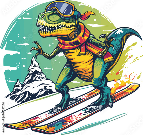 T-rex ski character. Dinosaur in glasses and scarf skiing.  Funny winter sports tyrannosaurus vector illustration design.