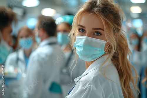 Female doctor smiling at a scientific event surrounded by fellow doctors