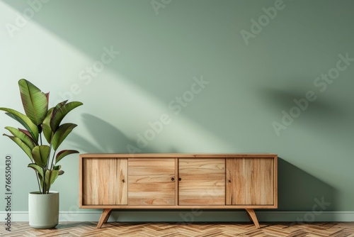 Entry way pale sage green empty wall mockup with a wooden cabinet and plant pot on a parquet floor photo