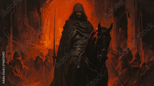 A man in a black cloak rides a horse in a fiery, dark setting. The man is holding a sword and he is a warrior. Scene is dark and ominous, with the fire