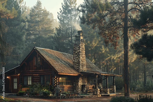 A rustic suburban house with a wooden exterior, surrounded by tall pine trees, a stone chimney, secluded atmosphere, early morning mist, real suburbs house,