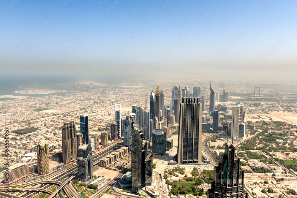 A view of the city of Dubai from the observation deck of the Burj Khalifa tower.