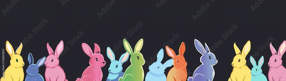 Black background with colorful Easter bunnies along the bottom border