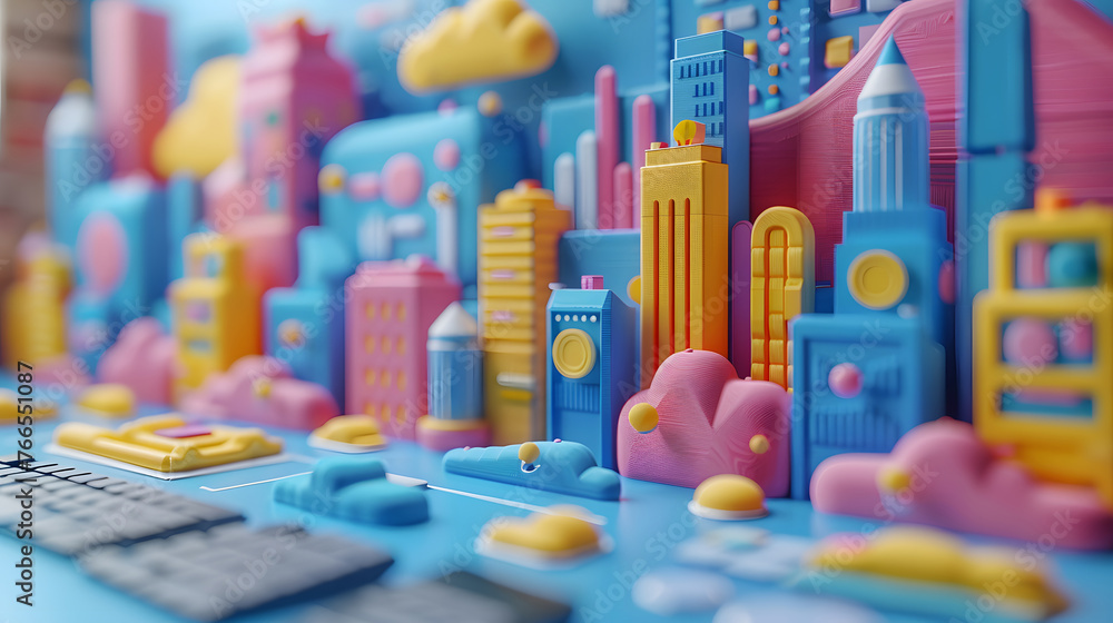 A playful and vibrant miniature cityscape, with whimsical buildings in pastel colors, creates a charmingly stylized urban scene A playful and vibrant miniature cityscape, with whimsical buildings in pastel colors, creates a charmingly stylized urban scene