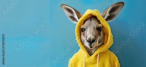 A cute baby kangaroo wearing yellow hoodie with Easter Day theme