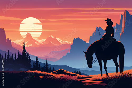 cowboy & horse in the evening time desert mountain photo