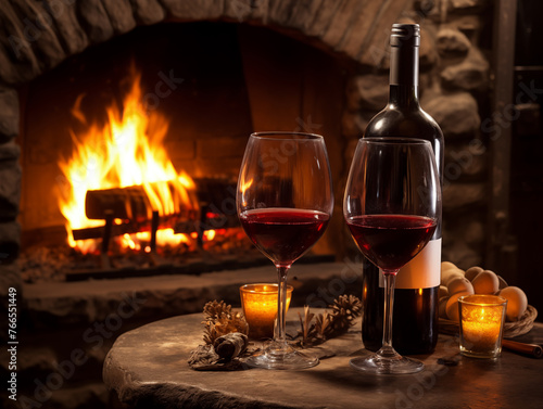Wine and Fireplace Romance: Evening Glow