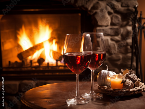 Wine Glasses: Fireplace background