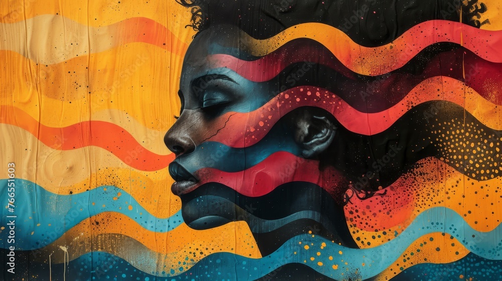 A beautiful mural of a woman's face merges with colorful waves, symbolizing a fusion of nature and emotions. A beautiful mural of a woman's face merges with colorful waves, symbolizing a fusion of nature and emotions.