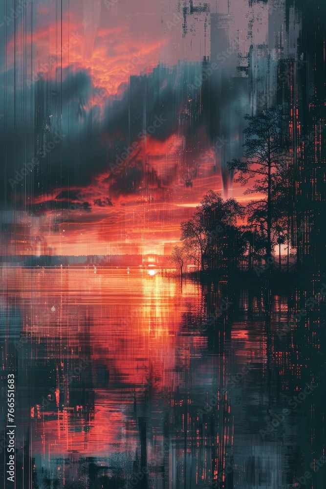 Vibrant glitch effects merge with calm sunset tones, crafting a wallpaper featuring ice crystal and firework visuals