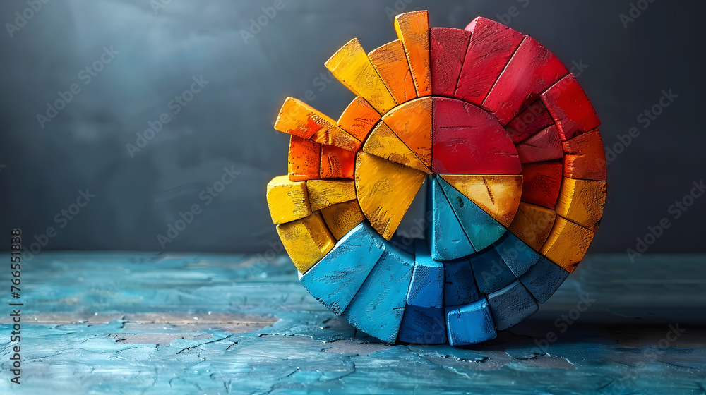Obraz premium An innovative, three-dimensional wooden color wheel painted in warm and cool tones stands on a cracked turquoise surface, showcasing color theory