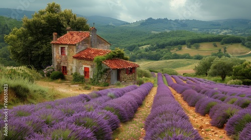 Lavender Field With House in Background
