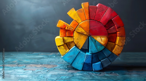 An innovative, three-dimensional wooden color wheel painted in warm and cool tones stands on a cracked turquoise surface, showcasing color theory photo