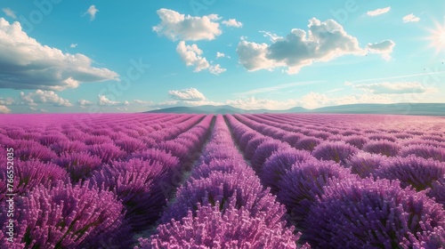 Vast Field of Purple Flowers Beneath Blue Sky