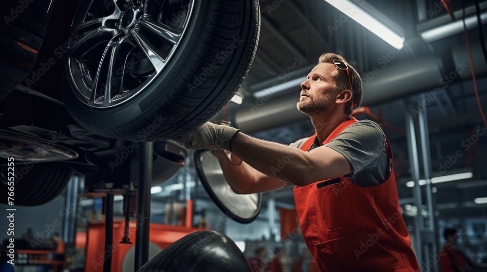 A man is working on a car tire A man is working on a car tire