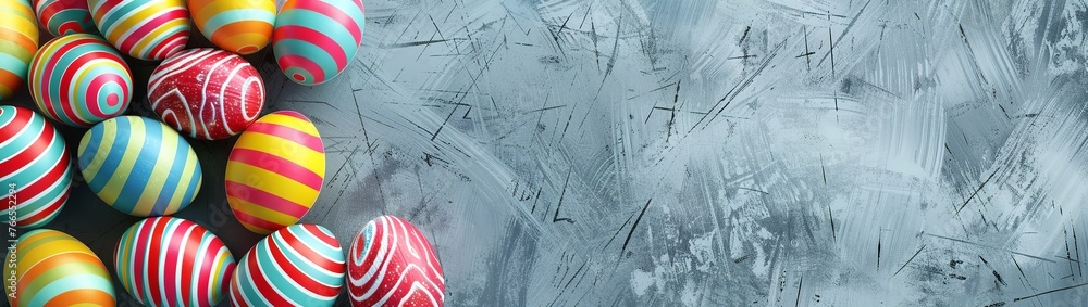 Obraz premium Colorful striped Easter eggs background banner with copy space, gray wall background