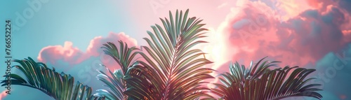 Lush tropical leaves contrast soft pastel clouds, glowing with electric hues and a vibrant rainbow spectrum
