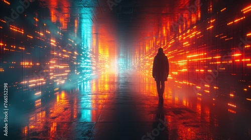 A solitary figure is enveloped in the vibrant hues of a neon-lit corridor, suggesting a narrative of futuristic exploration or escape.