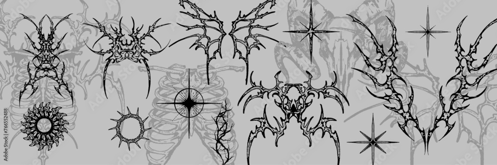 Fototapeta premium Neo tribal gothic tattoo set, vector retro futuristic cyber symmetry shapes, dark y2k wings, bones. Metal music cover print, alien surreal illustration, skull, stars grunge clipart. Neo tribal symbol