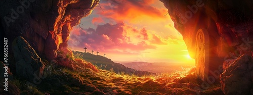 Jesus' resurrection at Easter, A dramatic scene of the empty tomb with an open stone door, photo
