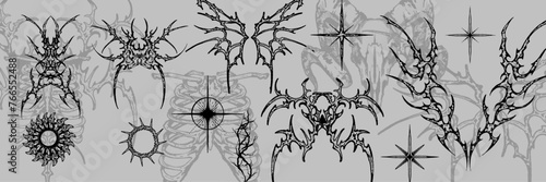 Neo tribal gothic tattoo set, vector retro futuristic cyber symmetry shapes, dark y2k wings, bones. Metal music cover print, alien surreal illustration, skull, stars grunge clipart. Neo tribal symbol © Oleksandra