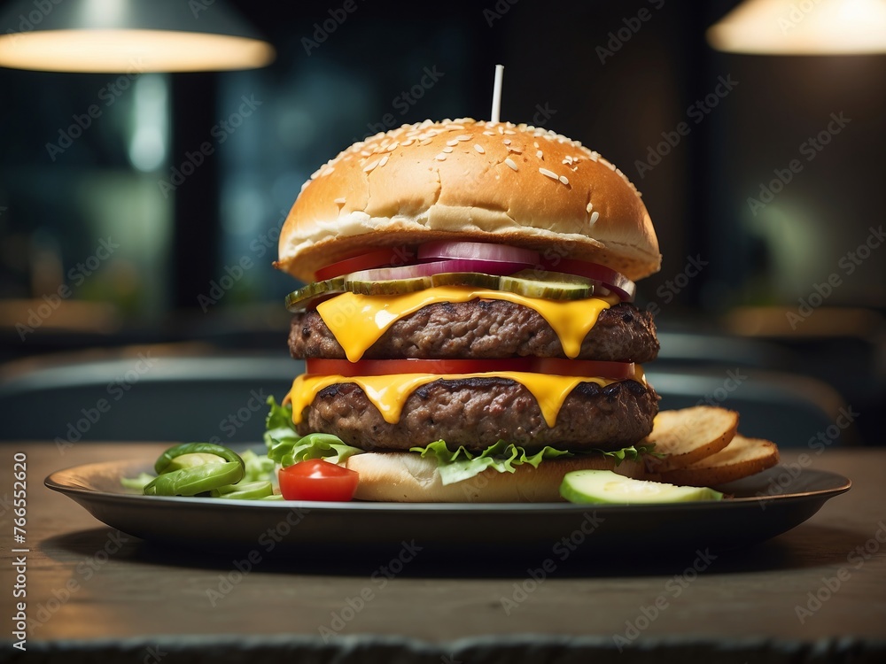 Photo of a juicy burger - obrazy, fototapety, plakaty 