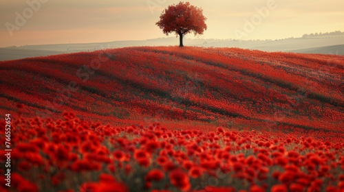 Lone Tree in Field of Red Flowers