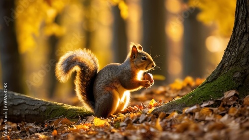 Nimble squirrel gathering nuts, beautiful nature background with autumn forest and rich amber glowing lights during sunset time