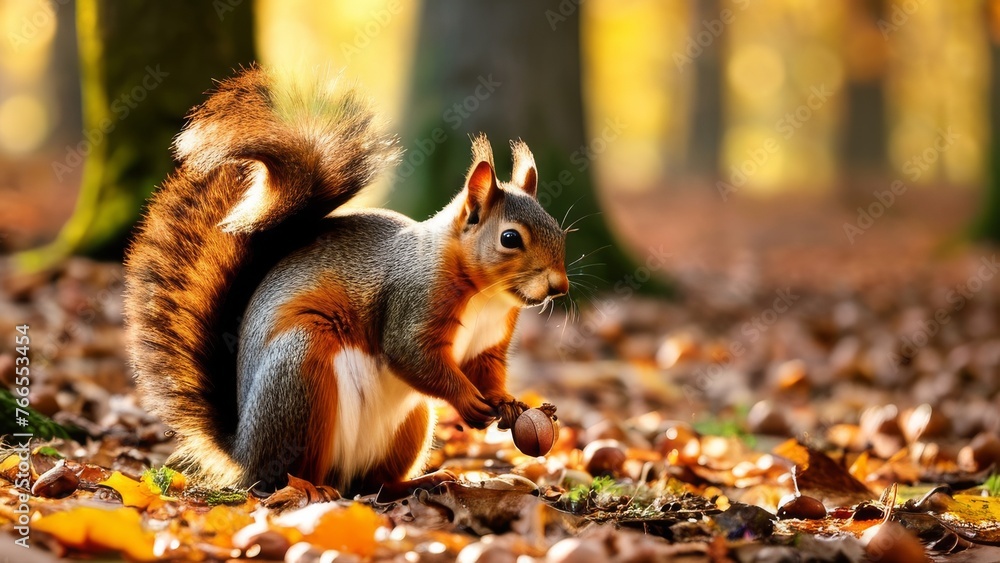 Nimble squirrel gathering nuts, beautiful nature background with autumn forest and rich amber glowing lights during sunset time Nimble squirrel gathering nuts, beautiful nature background with autumn forest and rich amber glowing lights during sunset time
