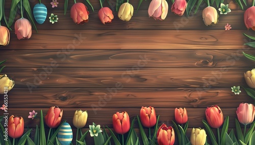 easter tulips and striped eggs border on wood background, empty space in the middle #766553428