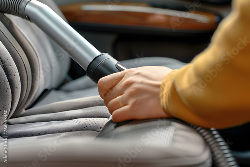 a hand using a vacuum to clean a car seat © john