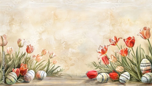 easter tulips and striped eggs border on wood background, empty space in the middle #766553608