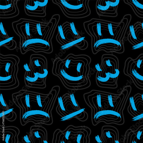 Emoticons sad, funny, poker face, cat in graffiti style, seamless pattern. Endless texture and print for packaging and wrapping. Shapes. Birthday, youthful, stylish, fashionable colors.Black and blue