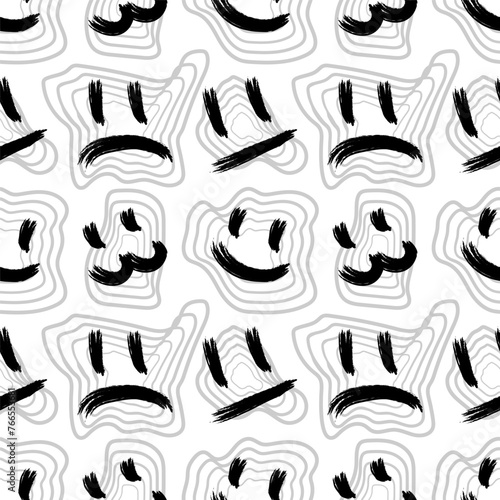 Emoticons sad  funny  poker face  cat in graffiti style  seamless pattern. Endless texture and print for packaging and wrapping. Shapes. Birthday  youthful  stylish  fashionable colors.Black and white