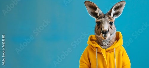 photo of cute kangaroo wearing yellow hoodie, blue background, banner with copy space area photo