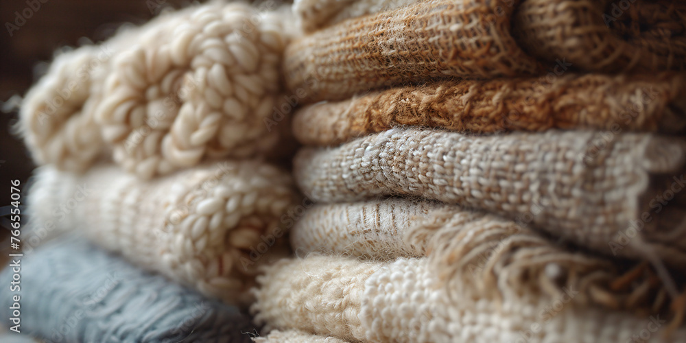 Assorted Woolen Blankets and Knitwear in Warm Earthy and Cool Tones. Collection of Natural Wool Textiles Assorted Woolen Blankets and Knitwear in Warm Earthy and Cool Tones. Collection of Natural Wool Textiles