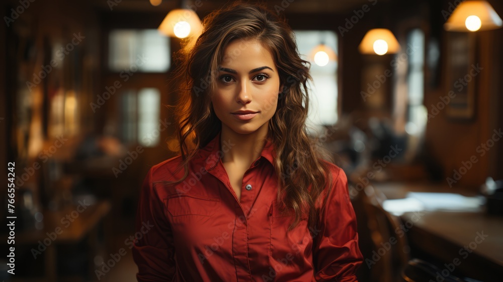 A woman with long hair is standing in a room with a few other people A woman with long hair is standing in a room with a few other people
