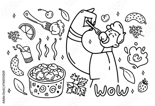 Meat dumplings doodle set. Man eating dumpling. National dishes Pelmeni, sour cream, vodka, parsley.