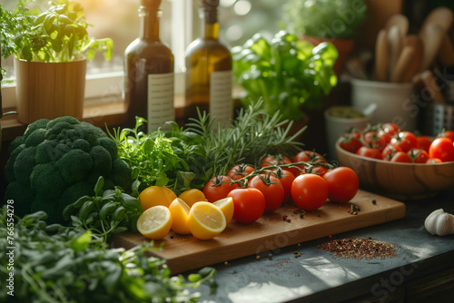 Fresh vegetables on a kitchen countertop, healthy eating and home-cooked meals. Tomatoes, bell peppers, leafy greens, nutritious diet. a subscription meal service. Fresh Ingredients photo