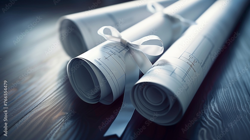 Fototapeta premium From Concept to Construction: Rolled Architectural Blueprints Tied with a Ribbon, Ready for Presentation