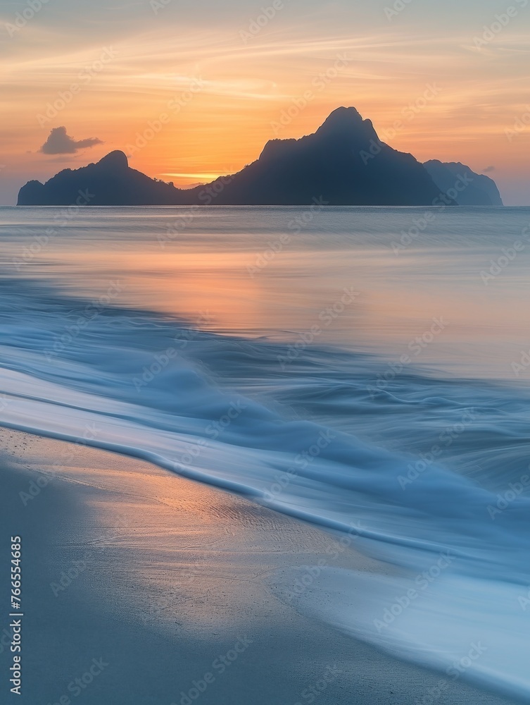 Wallpaper blending the serene beauty of ocean sunsets with majestic mountain panoramas, infused with candy colors and zen garden tranquility Wallpaper blending the serene beauty of ocean sunsets with majestic mountain panoramas, infused with candy colors and zen garden tranquility