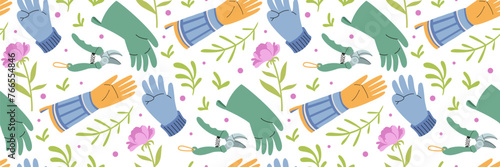Different gardening gloves and pruning shears seamless pattern. Garden and agriculture tools.