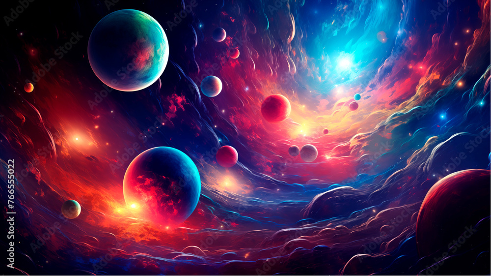 A wide-angle illustration of a vivid cosmic scene featuring multiple planets and swirling nebulae in a vibrant color palette. A wide-angle illustration of a vivid cosmic scene featuring multiple planets and swirling nebulae in a vibrant color palette.