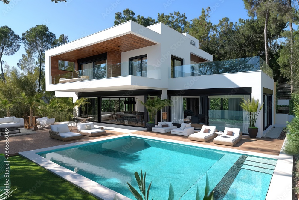 Stylish summer exterior concept with modern house and  blue pool. Generative AI