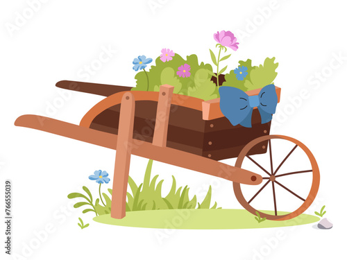 Garden decorative wheelbarrow. Spring Holiday decorated cart. Spring Landscape vector illustration.