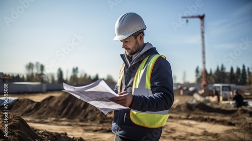 A man wearing a hard hat and safety vest is looking at a piece of paper