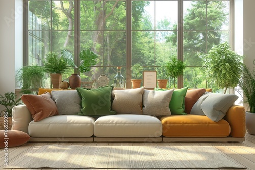 Colorful interior design of modern apartment with fabric sofa and green home plants. Interior mockup. Generative AI © AntonSh